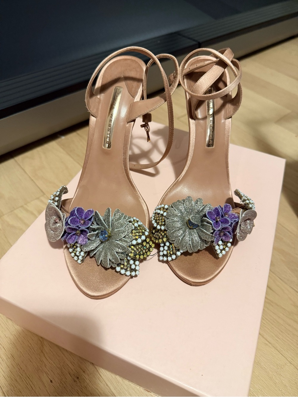 Embellished Pink Floral Ankle-Strap Sandals - Women's